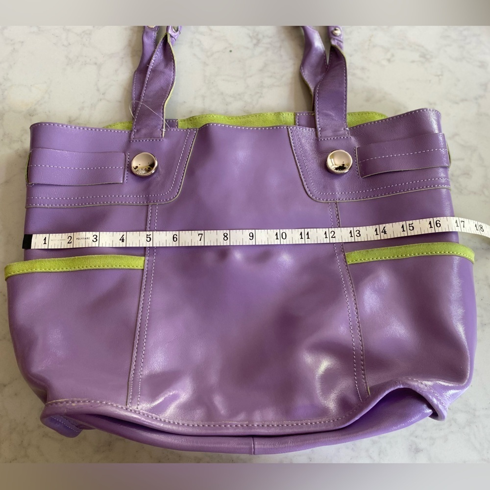 B Makowsky Purple Patten Leather Burbank Tote Bag with Green Accents NWT - Picture 3 of 10